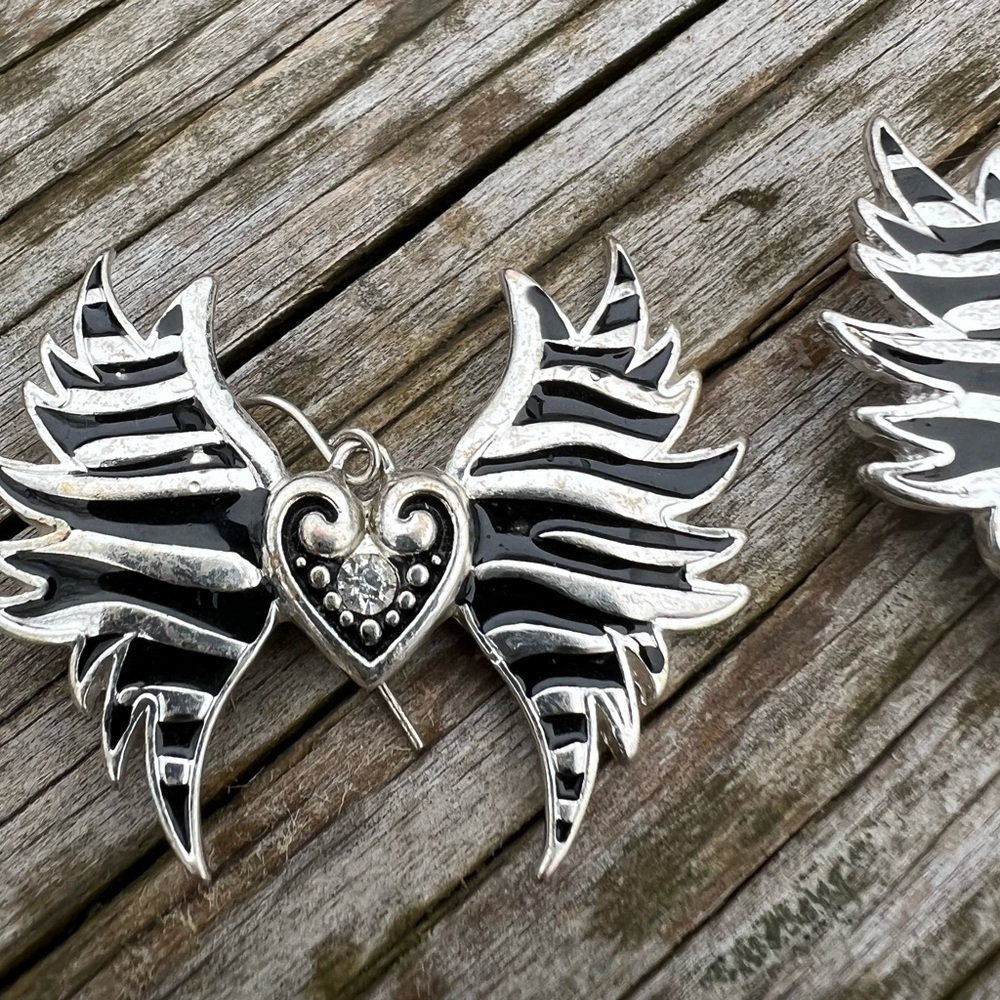 SilverTone Pierced Earrings Heart With Wings Preowned 1.75” Wide X 1.5” Height